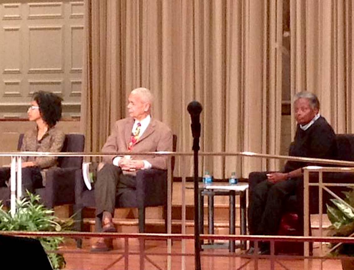 L-R: Alexis Pauline Gumbs, Julian Bond, and Mandy Carter on stage in Atlanta, GA. Photo courtesy of Mandy Carter.
