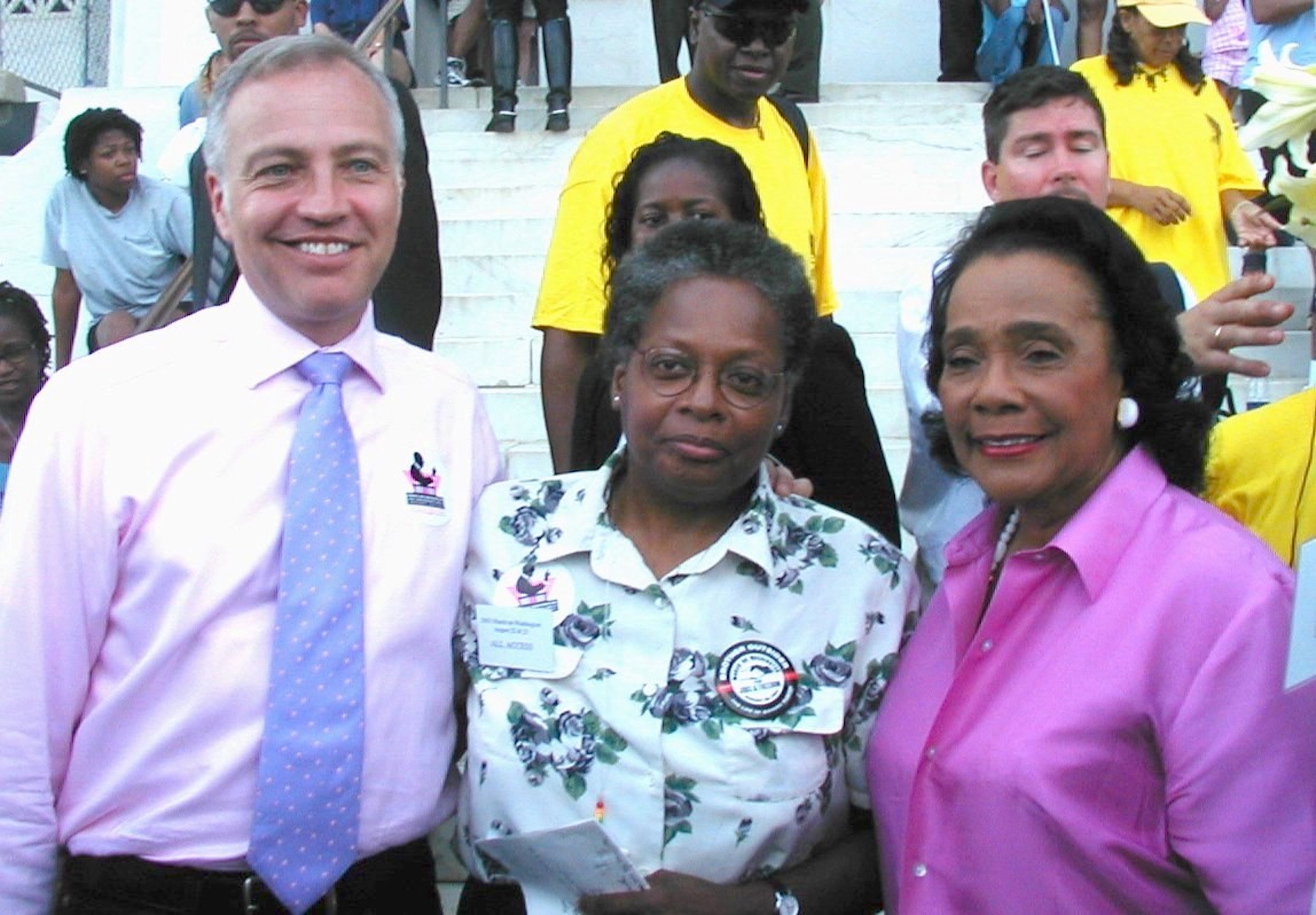 (L-R): Matt Foreman of the National Gay and Lesbian Task Force (NGLTF), Mandy Carter, and Mrs. Coretta Scott King at the 40th Anniversary of the March on Washington for Gay and Lesbian Rights, December 2003, Washington, DC. Mandy shares, “We both got to speak representing Southerners on New Ground (SONG) and NGLTF at the request of Martin Luther King III.”  Photo courtesy of Mandy Carter.