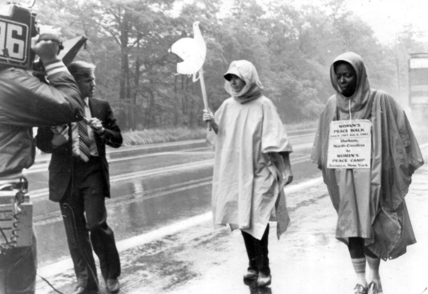 Mandy Carter and Judy Winston on the War Resisters League/Southeast Women’s Peace Walk to the Seneca Women’s Peace Encampment, 1983, Seneca, NY. Photo courtesy of Mandy Carter.