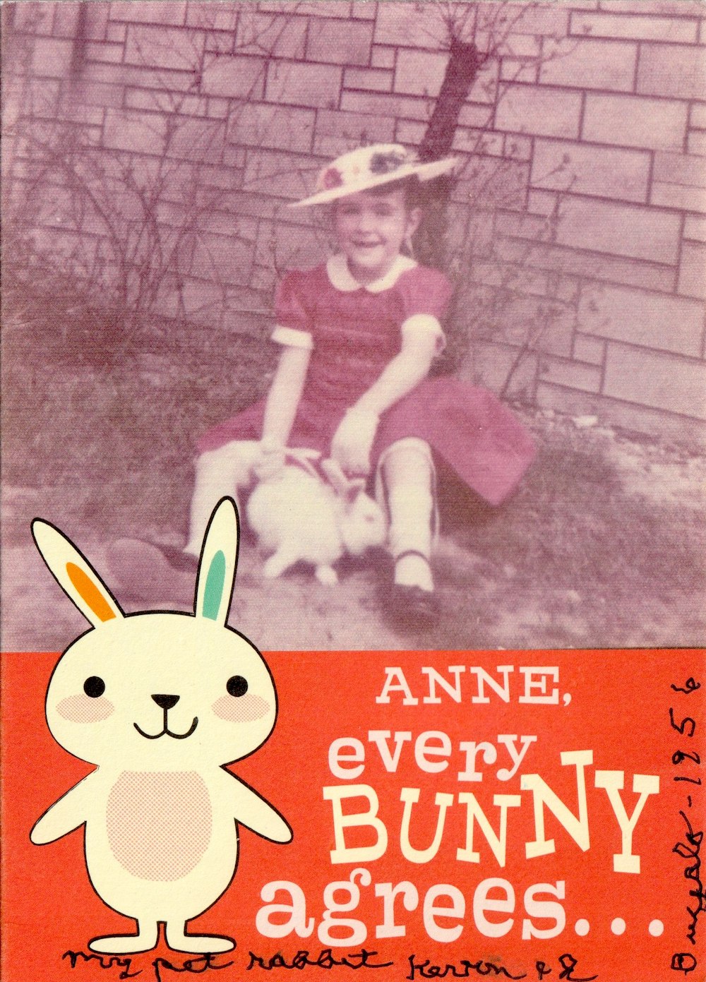 Anne and her pet rabbit Kevin featured on the signed family Easter card, 1956, Buffalo, NY. Photo courtesy of Anne Charles.