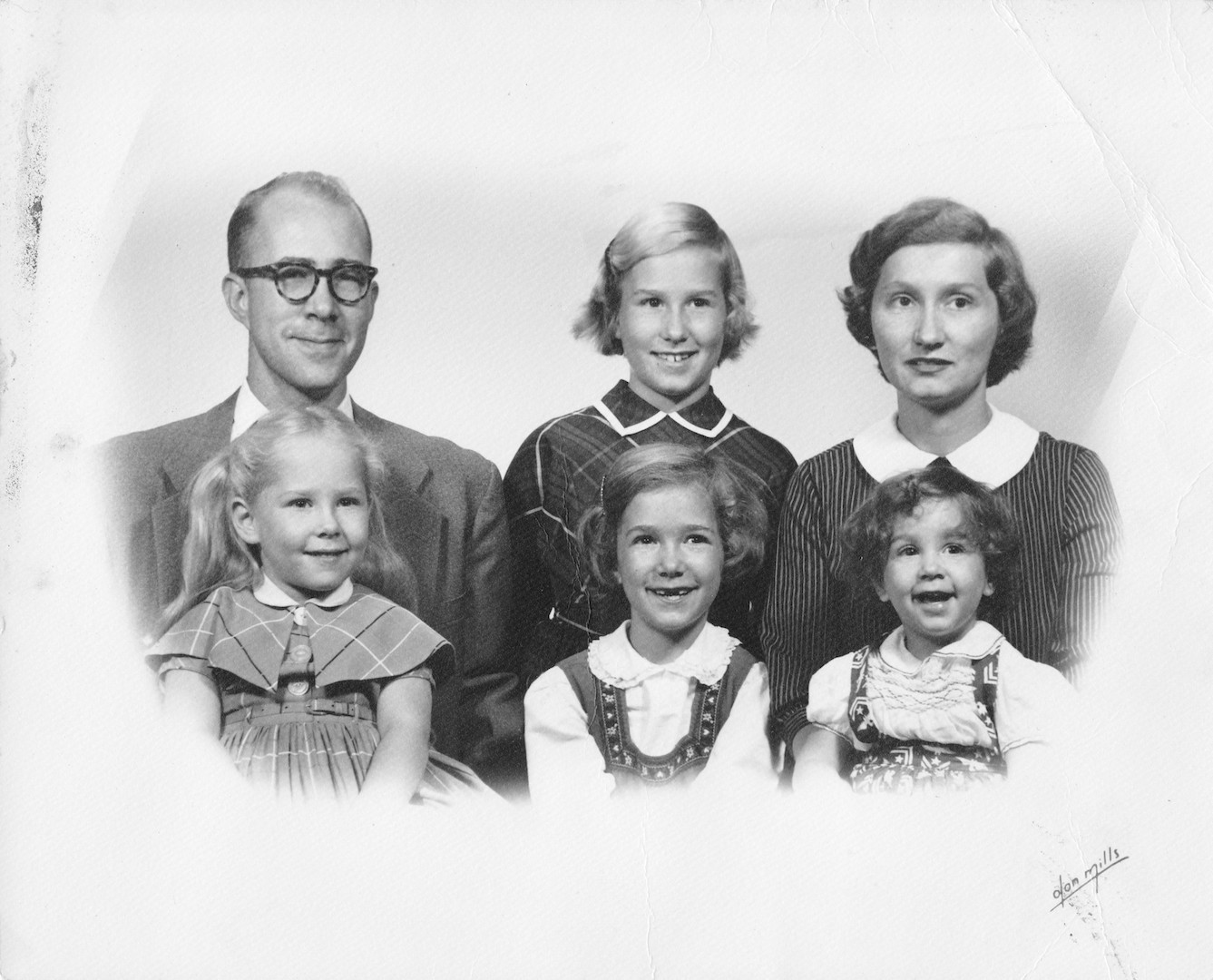 A family portrait of the Crossens in Lexington, KY, 1962. L-R for the top row: Phil Crossen (father), Karen Crossen (sister), and Betty Churchill Crossen (mother). L-R for bottom row: Jennifer Crossen, Katie Crossen (sister), and Julie Crossen (sister). 