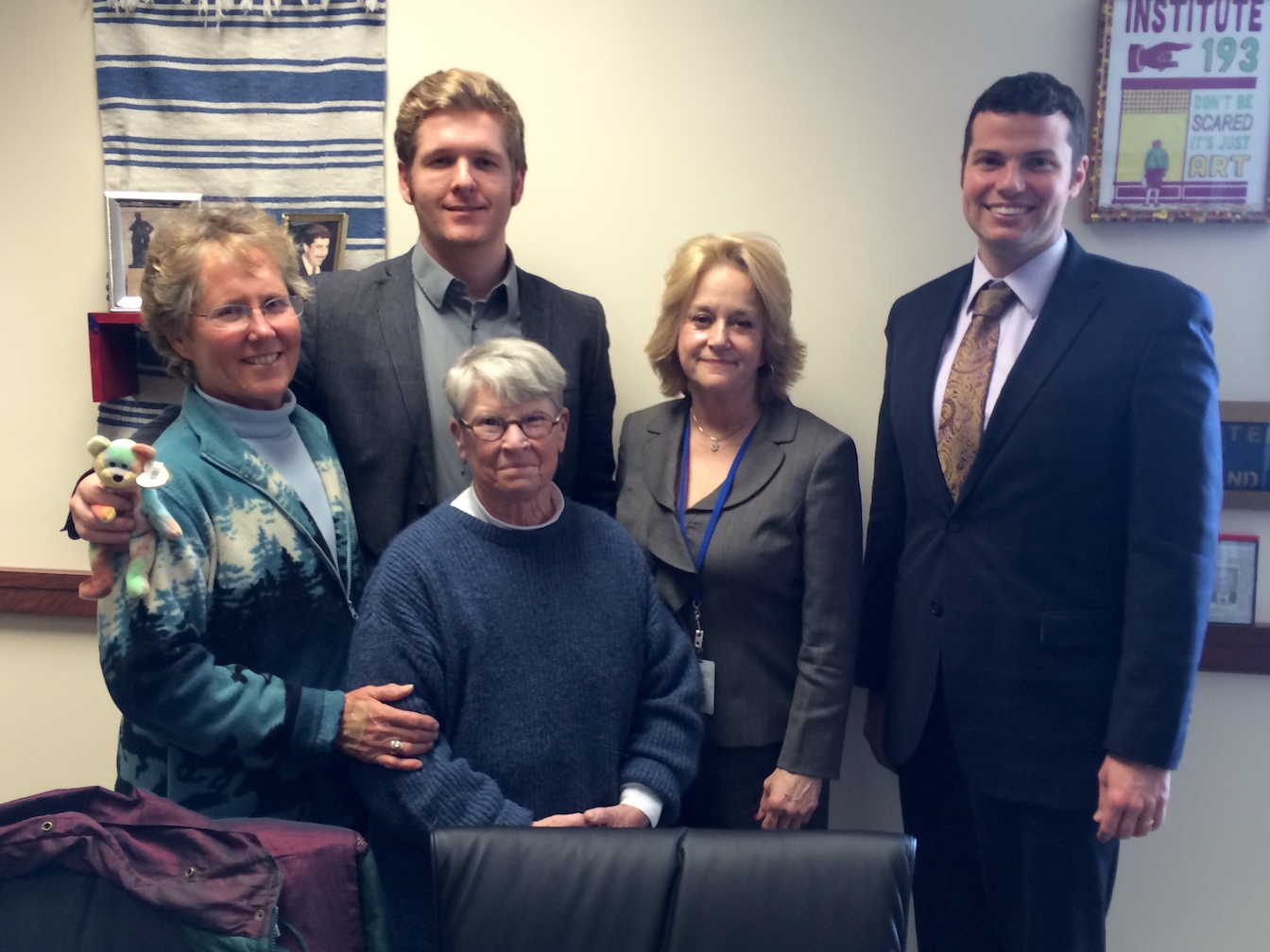 Joan Callahan (Jennifer’s wife) legally adopts David Crossen as her son, Lexington, KY, February 2014. Pictured here are Joan Callahan, David Crossen, Jennifer Crossen, KAthy Stein, and Ross Ewing, the pro-bono lawyer who wanted to take their case to the Supreme Court.