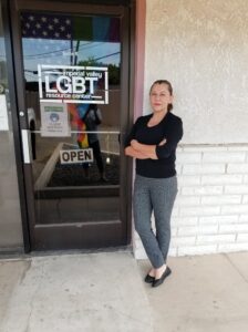 A portrait of Rosa Diaz outside the Imperial Valley LGBT Resource Center, which was featured in the Los Angeles Blade’s article, “Why Are You Bringing Sodom and Gomorrah Here?”, Imperial Valley, CA, 2020. Photo courtesy of Rosa Diaz. 