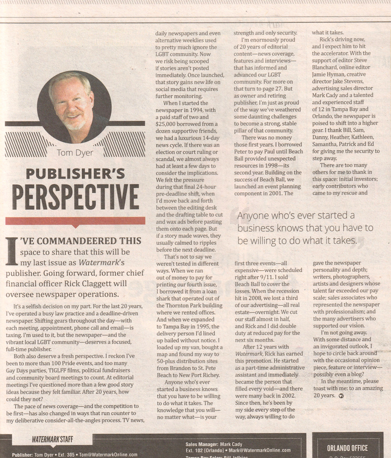 Tom’s “Publisher’s Perspective” column in Watermark, 2010. Photo courtesy of Tom Dyer.