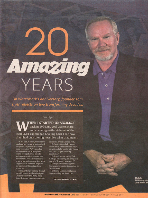 Pages from Watermark’s 20th Anniversary issue’s article “20 Amazing Years”, which 
discusses its legacy, September 11-14, 2014.  Photo courtesy of Tom Dyer.