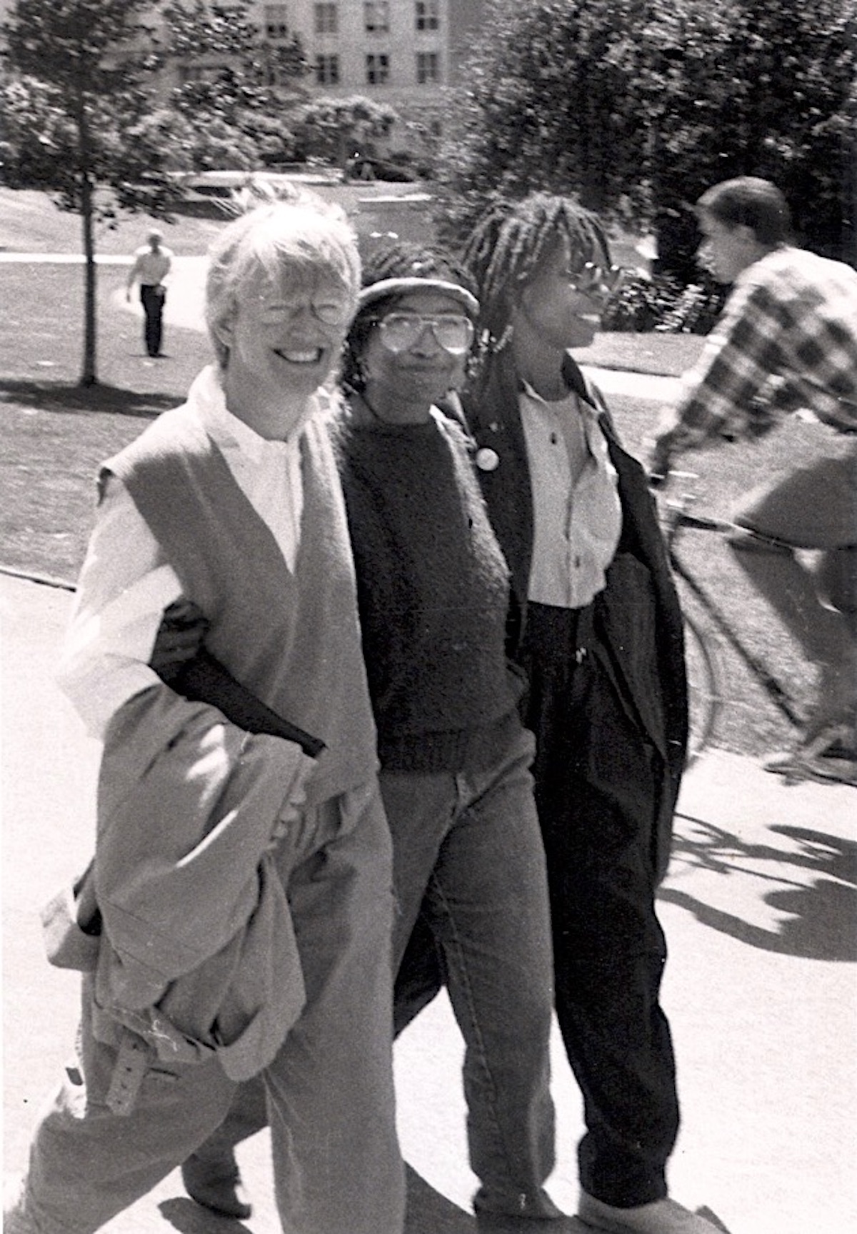 L-R: Susan Griffin, Alice Walker, and Whoopi Goldberg after the Apartheid protest. Photo courtesy of Susan Griffin.
