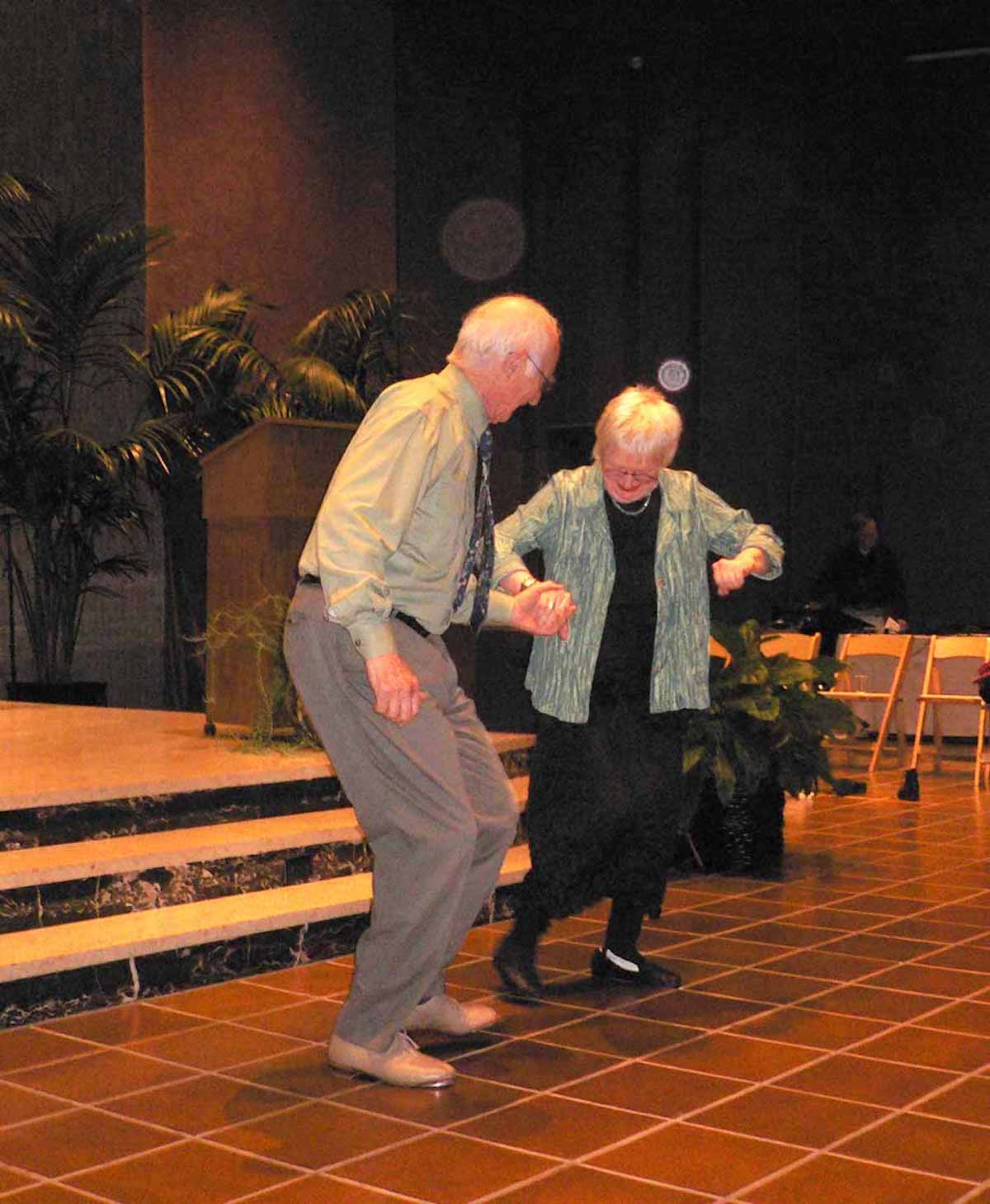 James Hillman and Susan Griffin tap dancing together, 2010. Photo courtesy of Susan Griffin.