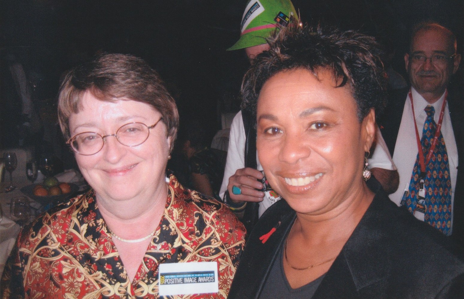 Kathie Hiers and Representative Barbara Lee at the award ceremony for the National Association of People with AIDS, 2005. Rep. Lee received the award that year. Photo courtesy of Kathie Hiers.