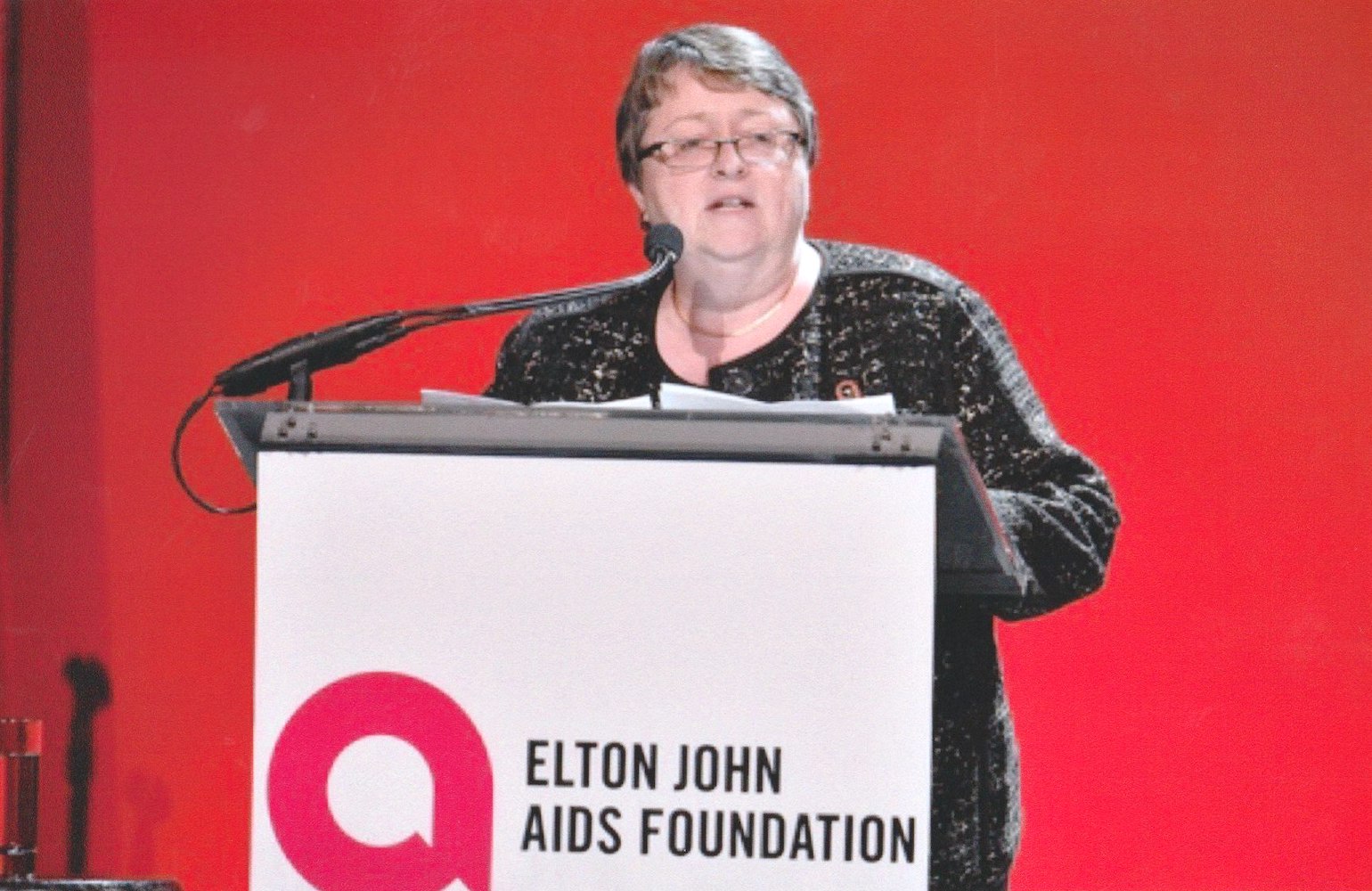 Kathie speaking at the Elton John AIDS Foundation’s Annual Gala, New York, NY, November 2016. Photo courtesy of Kathie Hiers.