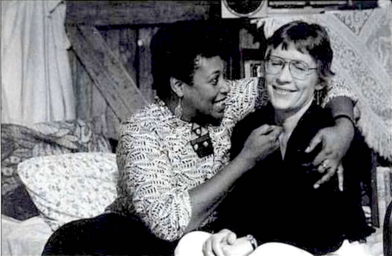 Marge McCann (right) and a fellow actress ham it up on the set of the lesbian play Last Summer at Blue Fish Cove. The play, which had a successful run in 1986-1987 for many weeks at the Walnut Street Theater, was about a tragic death and the coming together of the community. “It was the first time I performed on stage since I was a Girl Scout,” McCann said. Photo courtesy of Marge McCann.