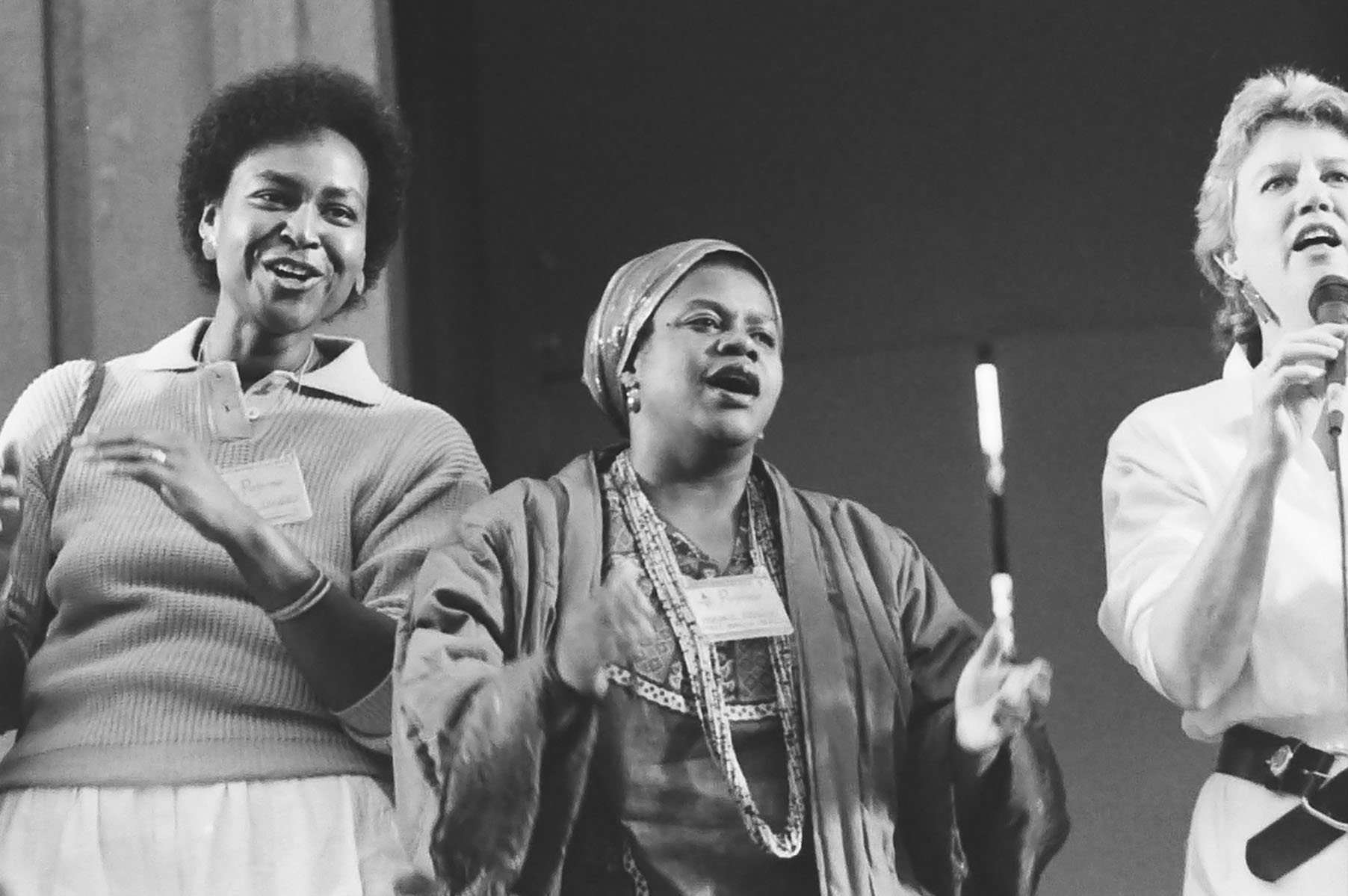 Linda Tillery, Bernice Johnson Reagon, and Holly Near performing at the Redwood Music Festival at Greek Theatre, Berkeley, CA, 1985. Photo Credit: J.A. Rubino. Photo courtesy of Holly Near.