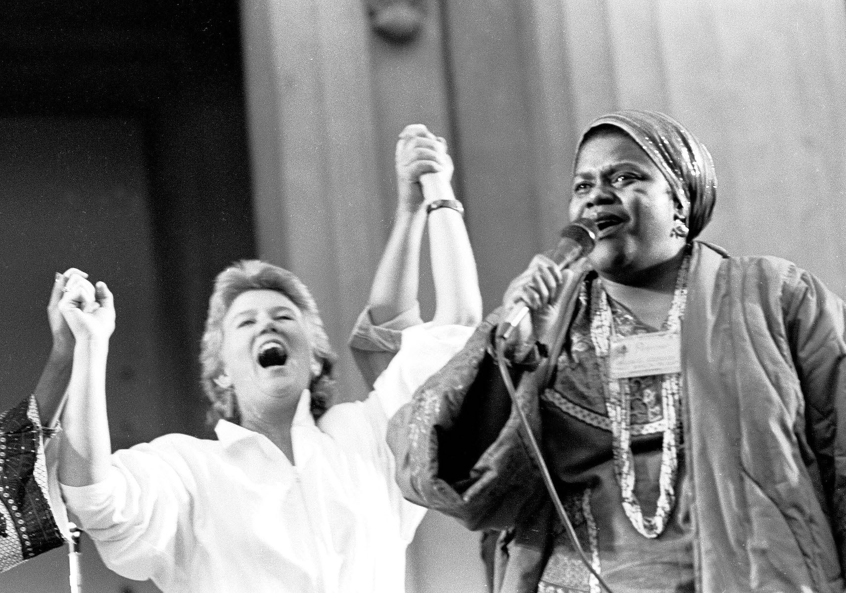 Holly Near and Bernice Johnson Reagon performing at the Redwood Music Festival at Greek Theatre, Berkeley, CA, 1985. Photo Credit: J.A. Rubino. Photo courtesy of Holly Near.