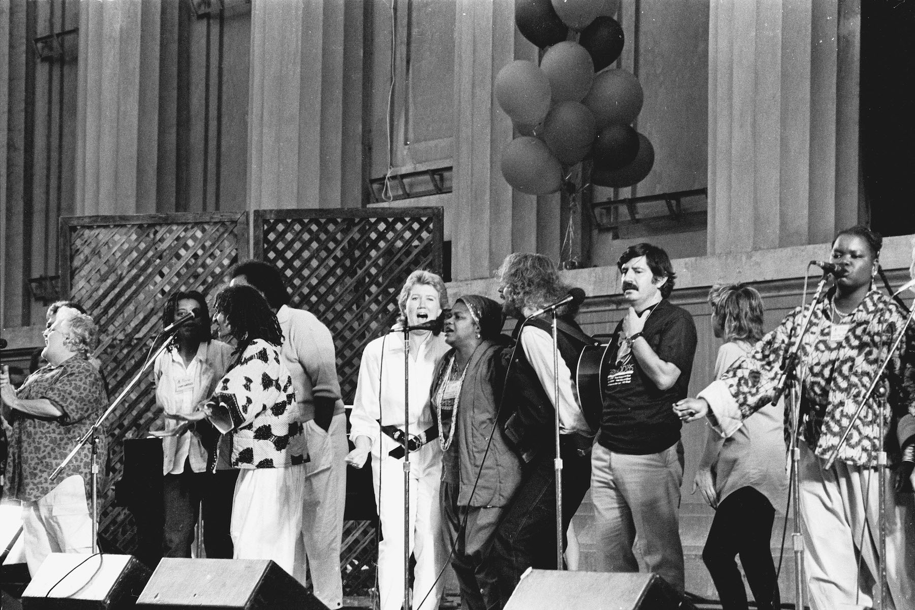 Holly performing in the Ensemble Finale at the Redwood Music Festival at Greek Theatre, Berkeley, CA, 1985. Photo Credit: J.A. Rubino. Photo courtesy of Holly Near.