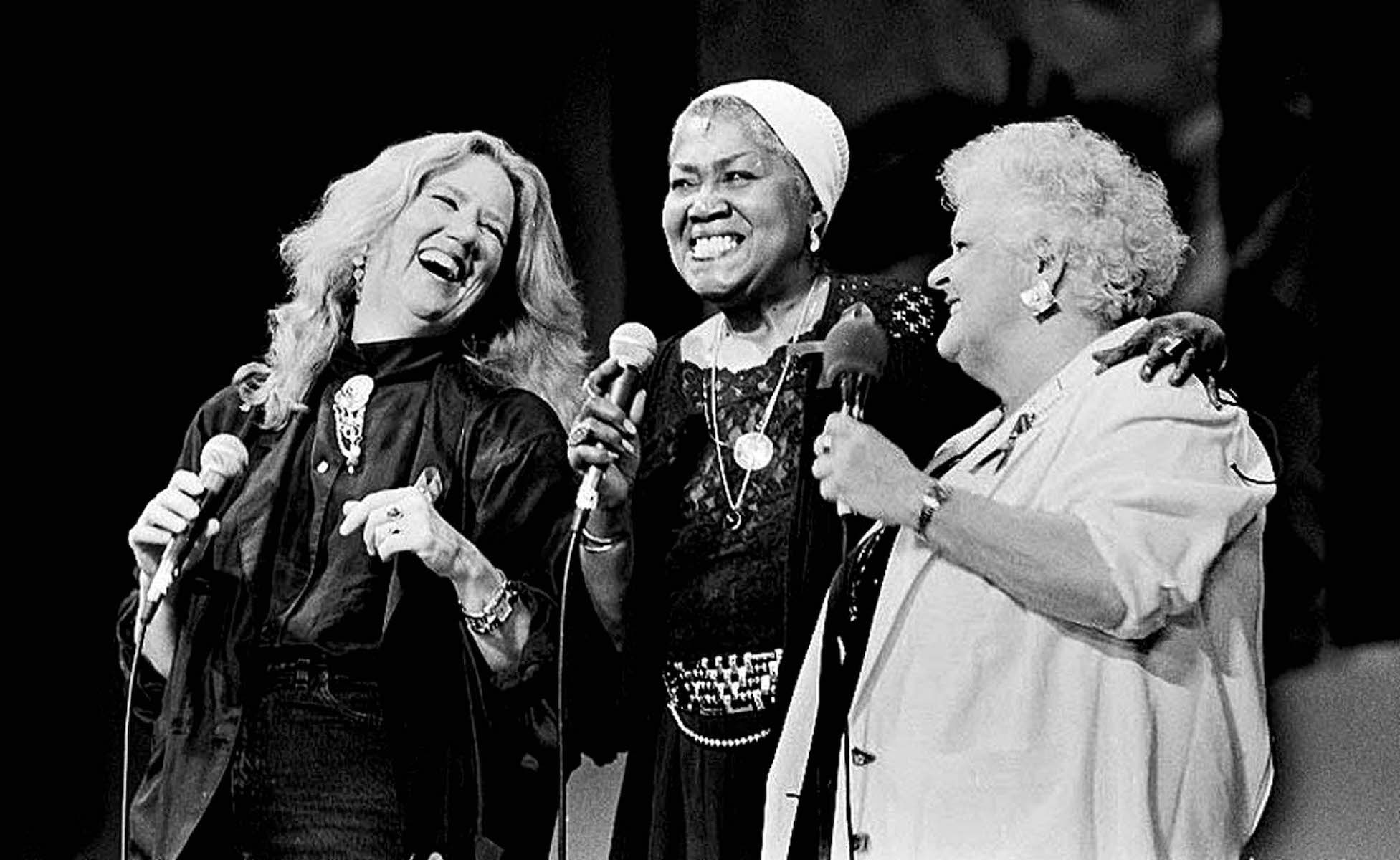 Holly Near, Odetta, and Ronnie Gilbert performing at the Redwood Music Festival, 1992. Photo Credit: J.A. Rubino. Photo courtesy of Holly Near.