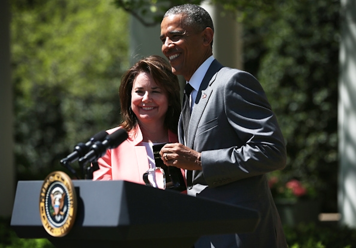 President Barack Obama presenting Shanna Peeples with the 2015 National Teacher of the Year award during the Rose Garden event, the White House Rose Garden, Washington, DC, April 29, 2015. Photo courtesy of Shanna Peeples.