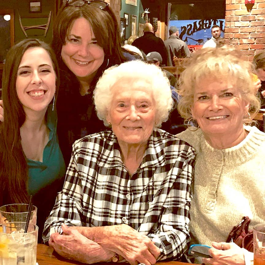 Emma Peeples (Shanna’s youngest child), Cletta Stall (Shanna’s Meemaw who raised her), Sandra Foust (Shanna’s mother), and Shanna Peeples, celebrating her grandmother’s 95th birthday, Amarillo, TX, 2016. Photo courtesy of Shanna Peeples.
