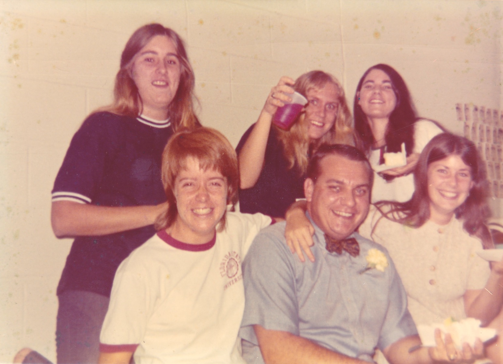 K.C. Potter in the front row at a Vanderbilt dorm party with unknown mischievous students, Nashville, TN, mid 1970s.