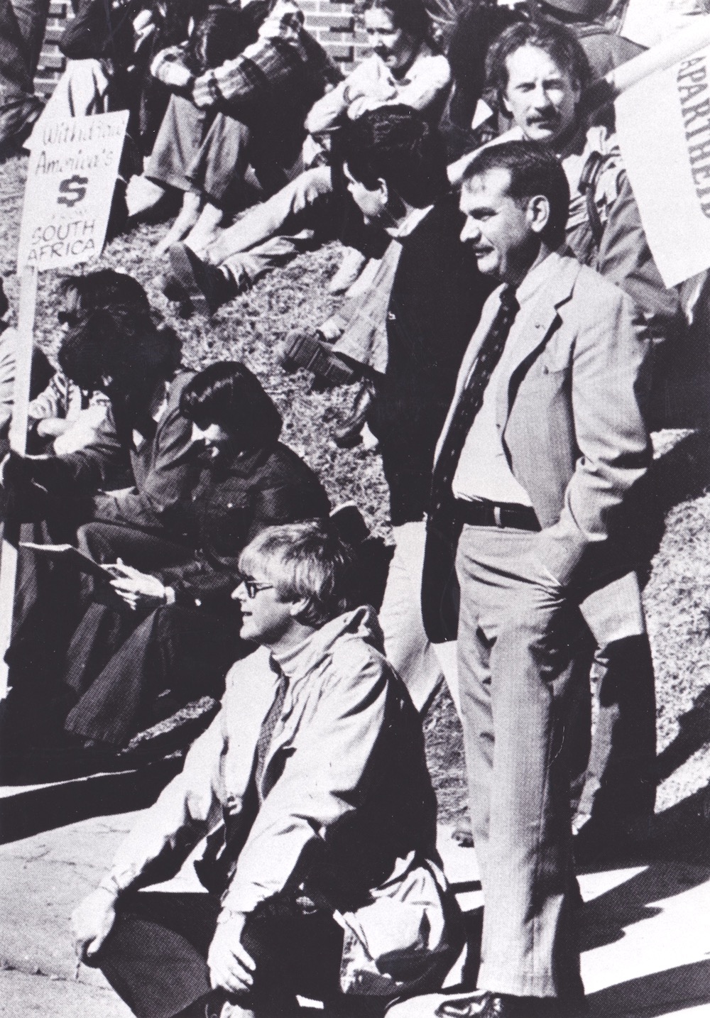 Dean K.C. Potter supervising a student protest when Apartheid South Africa played the U.S. at Vanderbilt, Nashville, TN, 1978.
