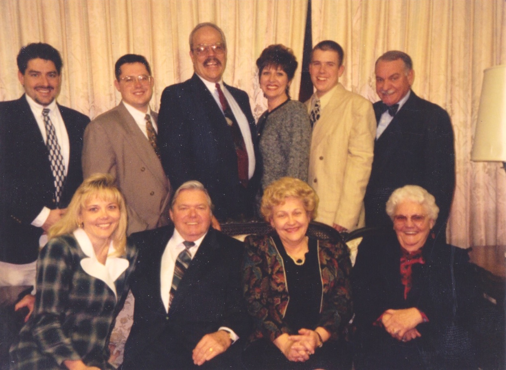 K.C. Potter’s immediate family, 1990. (Front L-R) niece Jeanie Swant, brother-in-law Gene Davis, sister Ann Davis, mother Amanda Potter. (Back L-R) nephews Paul Walter Davis and Gene Davis, nephew-in-law James Stambaugh and niece/wife Debbie Johnson, grand nephew Jeff Wells, and K.C. Potter. Missing: brother Jerry Potter. 