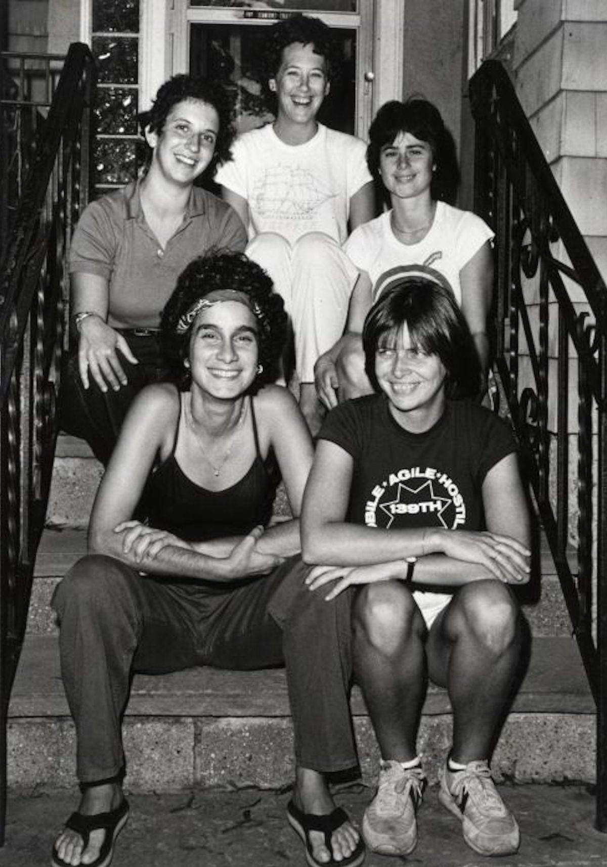 Mood Swings, a lesbian improv group about women in recovery from addiction. L-R bottom row: Cheryl Qamar and Liz Hjeltness (her lover at the time). L-R middle row: Alice Levine and Karen Kirby. Back row: Blitzen, the Director. Photo courtesy of Cheryl Qamar. 