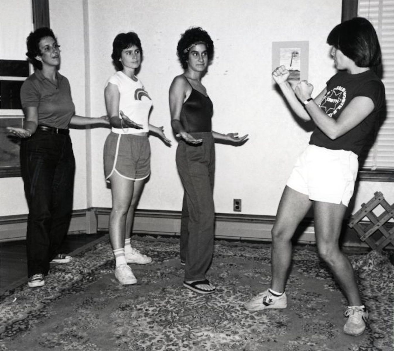 Mood Swings, a lesbian improv group about women in recovery from addiction. L-R: Alice Levine, Karen Kirby, Cheryl Qamar, and Liz Hjeltness (Cheryl’s lover at the time). Photo courtesy of Cheryl Qamar.
