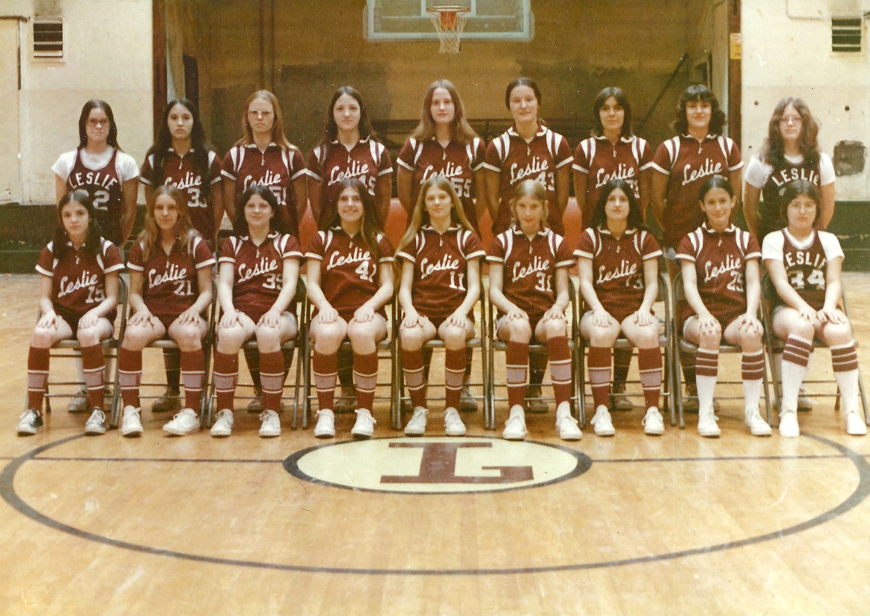 Kim Stacy (age 17 and placed fifth from the left in the back row) as captain of her high school basketball team, Leslie County, KY, 1974. 
