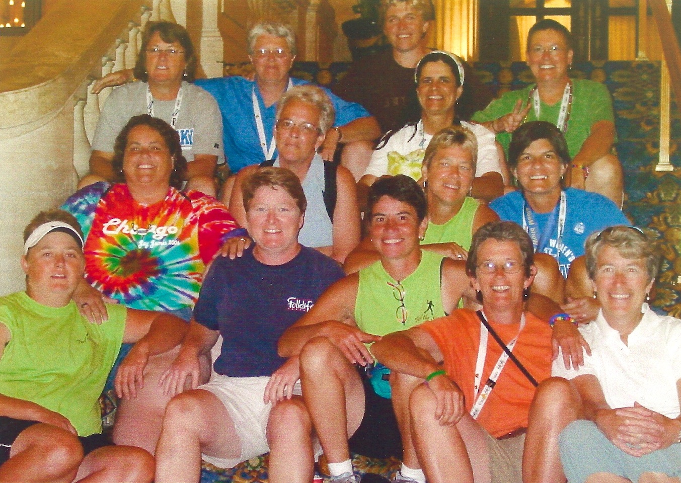 Kim Stacy (placed in the first row in an orange shirt) with her softball team, Custom Designed, at the Gay Games, Chicago, IL 2006.