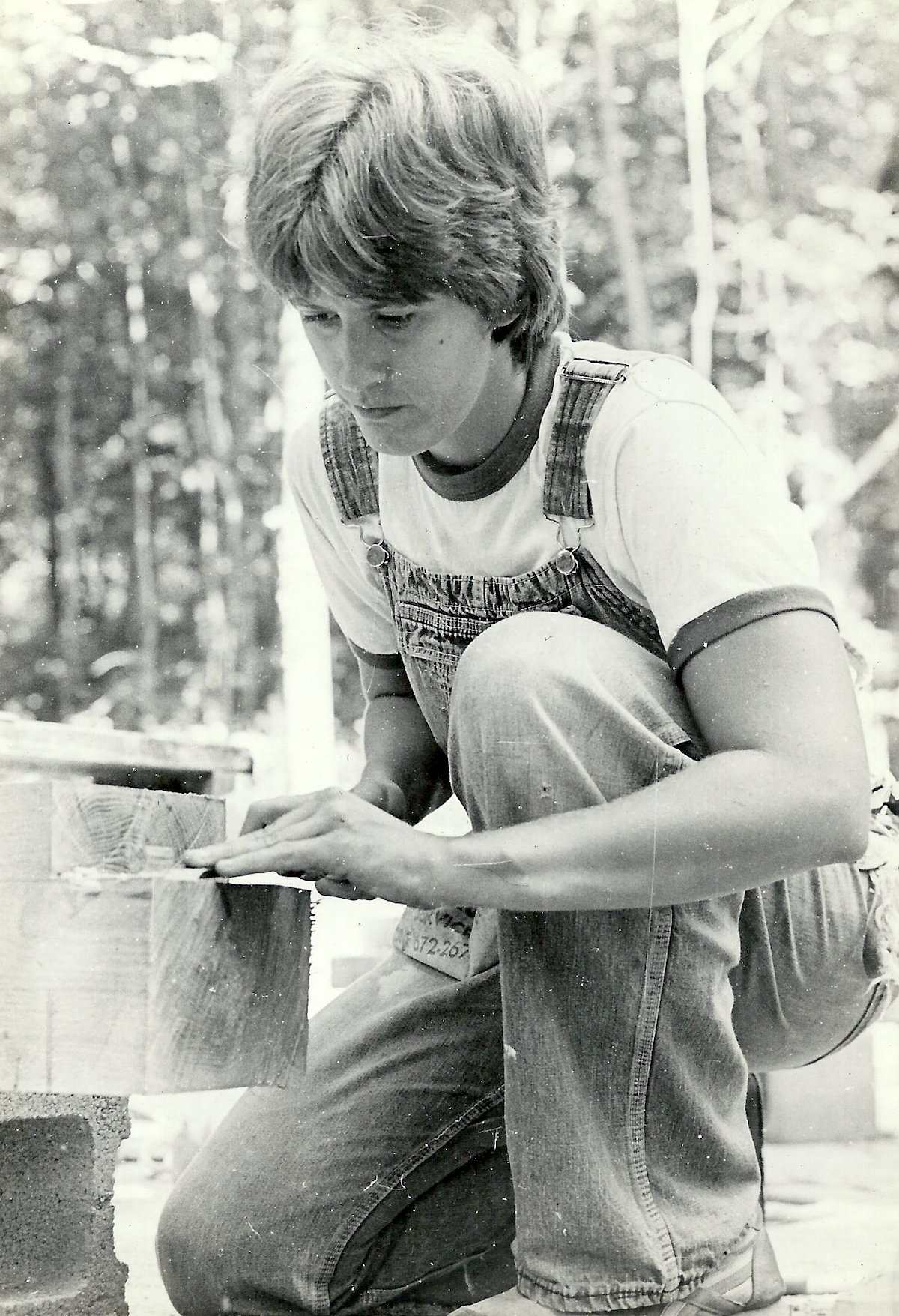 Kim (age 24) working in timber frame construction in Monticello, KY, 1981.