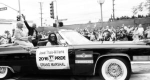 Jewel waving to the crowd while riding as Grand Marshal of Los Angeles Pride, Los Angeles, CA, 2016. The sign on the car reads, “Jewel Thais-Williams, 2016 LA! Pride Grand Marshal”. Photo courtesy of Jewel Thais-Williams.
