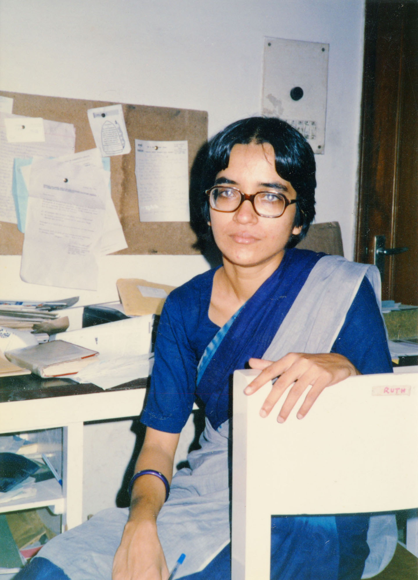 Ruth Vanita at the Manushi office, Lajpat Nagar, New Delhi, mid 1980s. Photo courtesy of Ruth Vanita.
