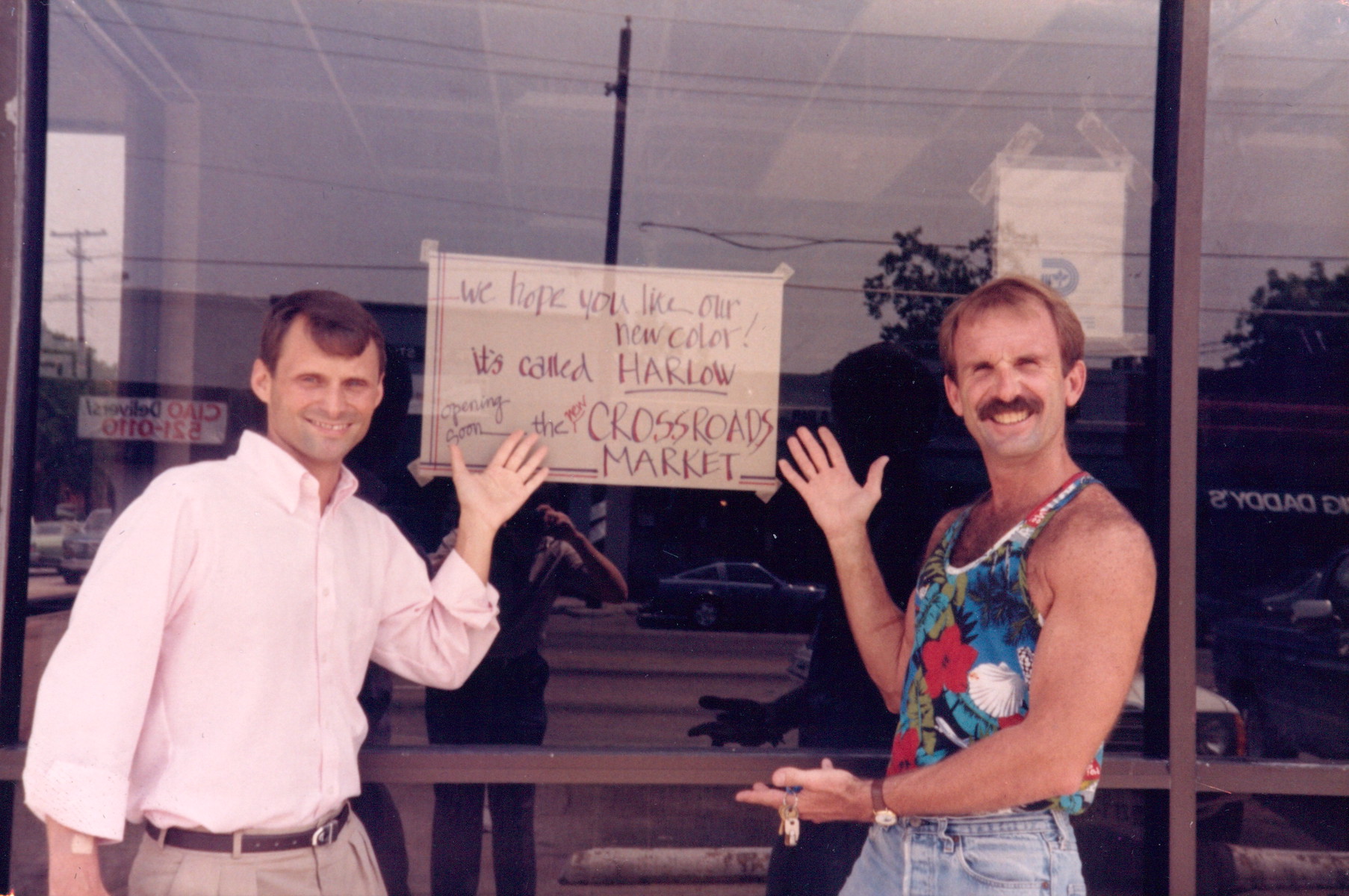 Terry Tebedo and Bill Nelson, William’s close friends and business partners, announcing the new interior color (“Harlow”) of the Crossroads Market (William’s store) after the devastating fire that burned it to the ground, Dallas, TX, circa 1986. William shares, “that same year, Terry was diagnosed with AIDS-related non-Hodgins’ Lymphoma. Terry died in 1988, and Bill died two years later. We started the store with 12 gay men. By 1990, only three survived.” Photo courtesy of William Waybourn.