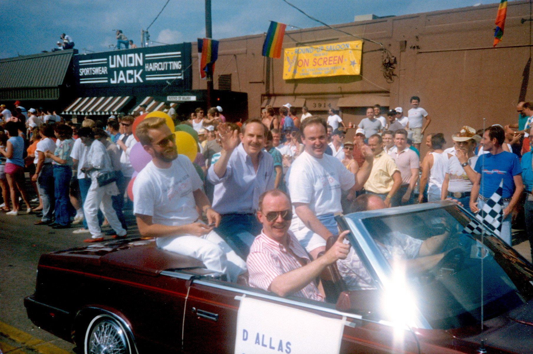 William Waybourn and Board Members of the Dallas Gay Alliance (Bill Hunt, Jeffrey Campbell, Joe Desmond and Ken Flannagan) at the Gay Pride Parade, Dallas, TX, circa 1986. Photo courtesy of William Waybourn.