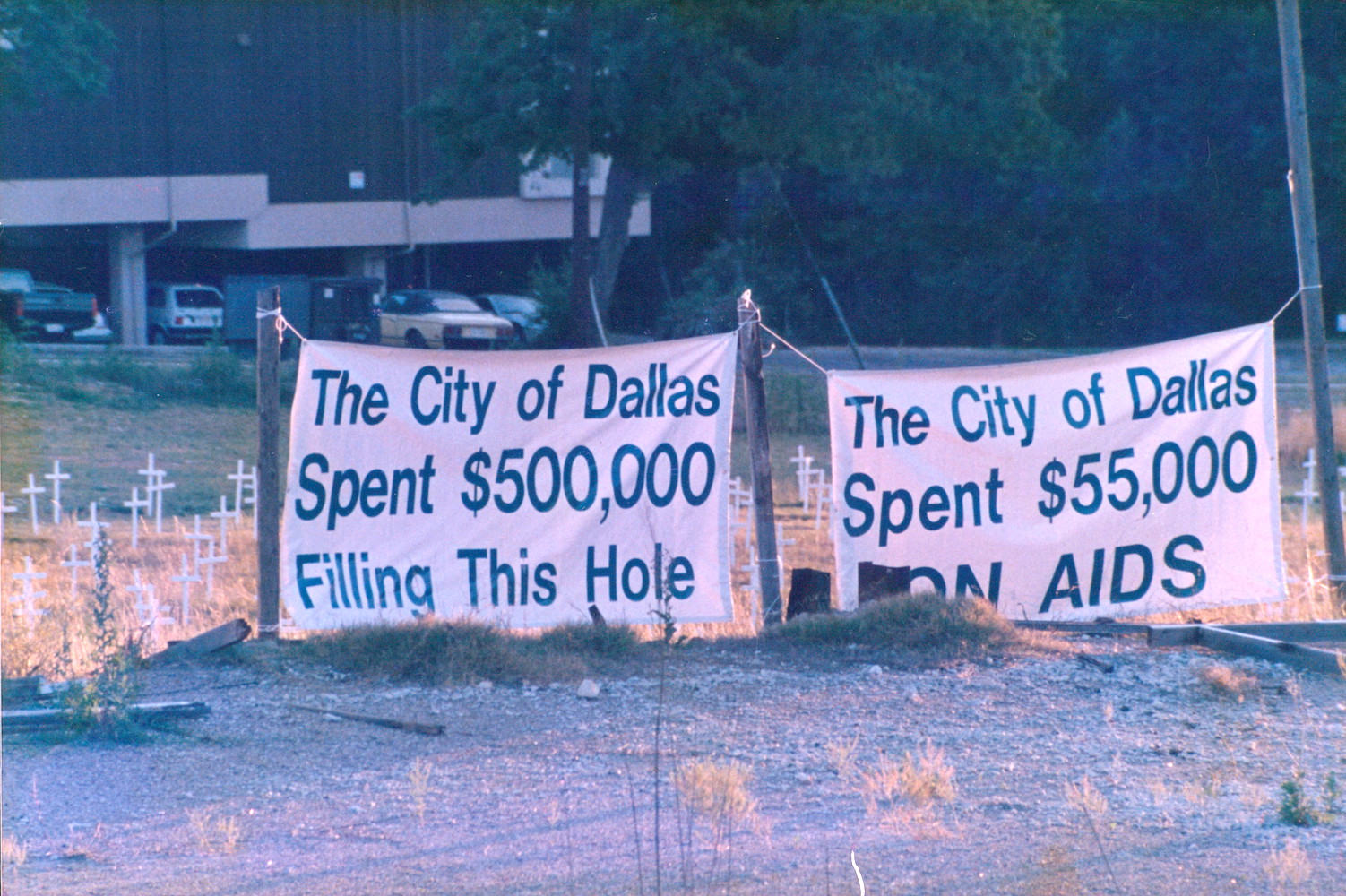 A vacant lot that gay activists turned into a potter’s field, Dallas, TX, 1986. William shares, “we highlighted the fact that the City of Dallas had spent $500,000 filling it with dirt while having only spent only $55,000 on AIDS that same year. We also turned the vacant lot into a field of crosses symbolizing each person that had died of AIDS in Dallas County -- almost 700.” Photo courtesy of William Waybourn.