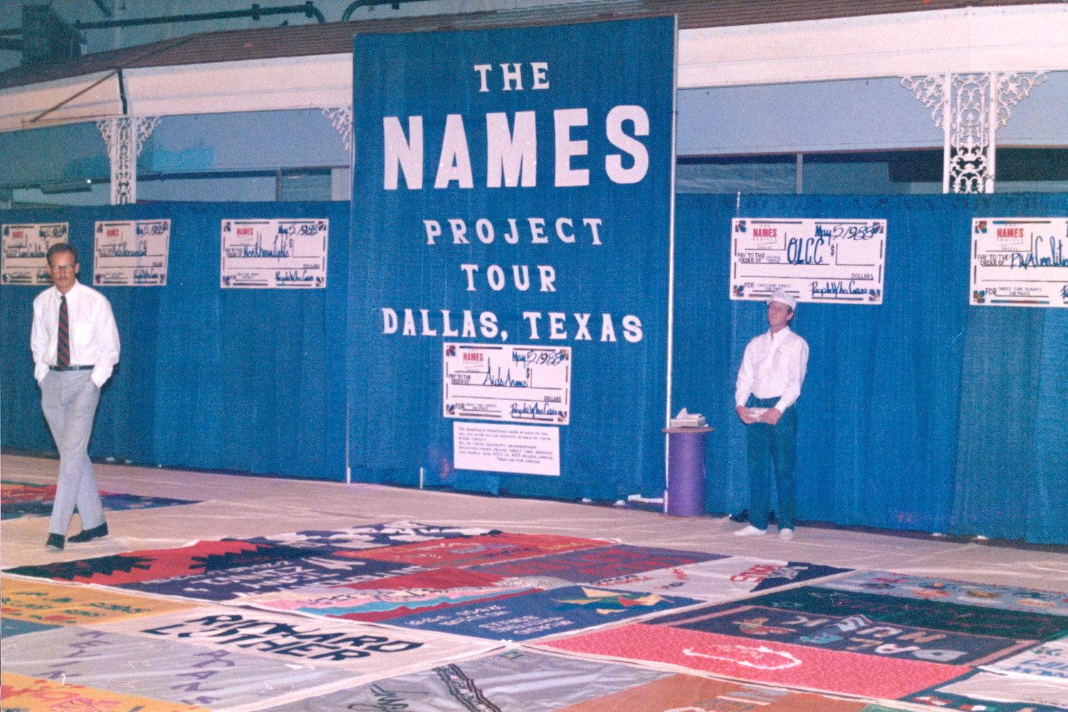 A display of the Dallas Names Project quilt panels, before joining the national quilt for display on the U.S. Mall, Dallas, TX, circa 1990. William shares, “I started to view the quilts at Fair Park and again later when it was on full display on the National Mall. After getting 10 or 15 feet into the panels, I turned around and left. It was too overwhelming to see the panels of friends who had died of AIDS.” Photo courtesy of William Waybourn.