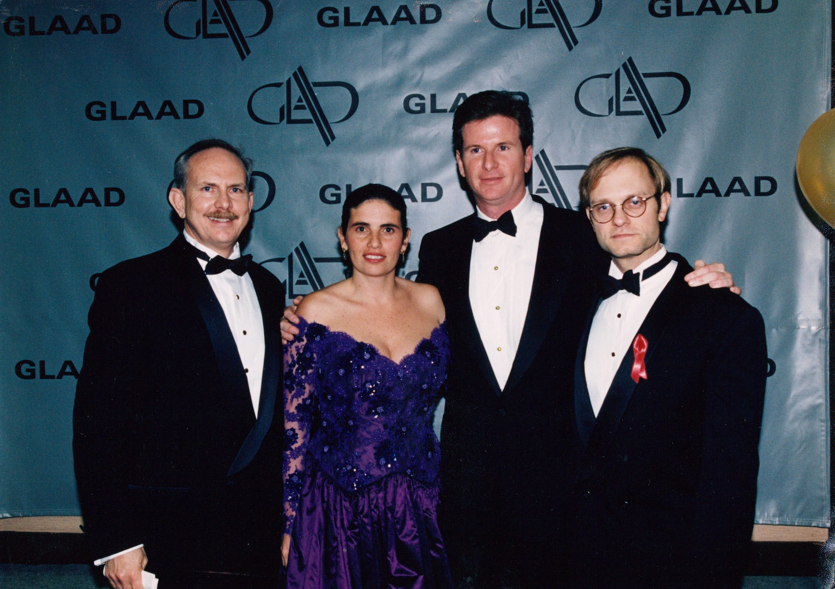 William Waybourn, Waybourn, Jehan Agrama, Michael Keegan, and Niles Hyde Pierce at the GLAAD Awards Dinner, Los Angeles, CA, circa 1996. William shares, “As head of GLAAD, I hired a professional producer for the dinner and it raised more than $1 million.” Photo courtesy of William Waybourn.