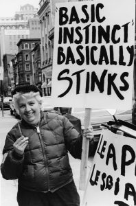 Ada Bello picketing a movie for its portrayal of LGBT characters, 1992.