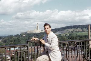On the terrace at shrine of St Joseph with University of Montreal in the background, September 1951.