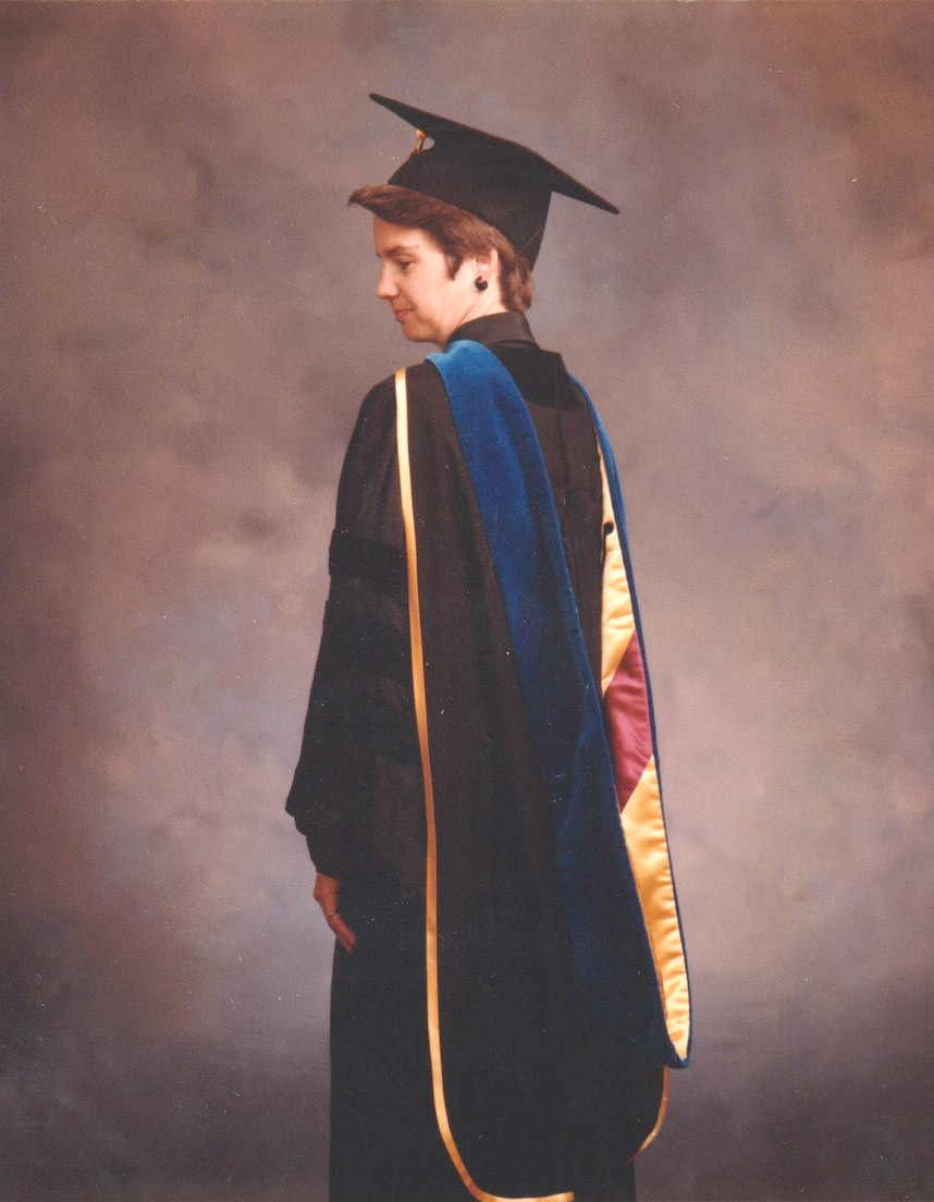 A graduation portrait of Amy Ross from the USC [University of Southern California] School of Medicine, where she earned her Ph.D. in Experimental 
Pathology, 1986, Los Angeles, CA.