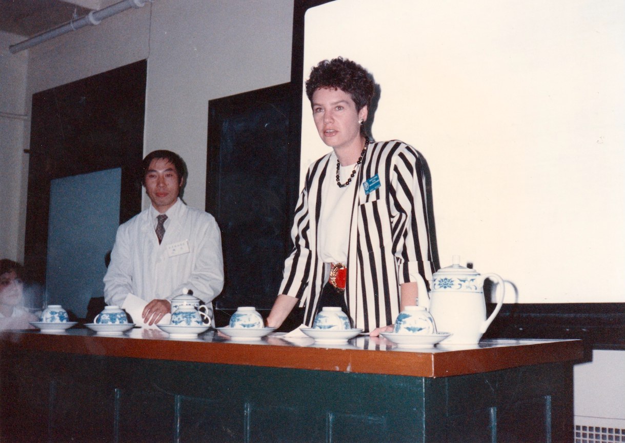 Amy Ross lecturing at Peking Union Medical College, 1990, Dongcheng, Beijing, China. She shares, “During my Ph.D. studies, I developed an immunocytochemical method to identify viral proteins from opportunistic infections in the brains of people who succumbed to AIDS. As a result of that work, I was invited to join a group of U.S. and European pathologists who would travel to China to teach them our research methods.“