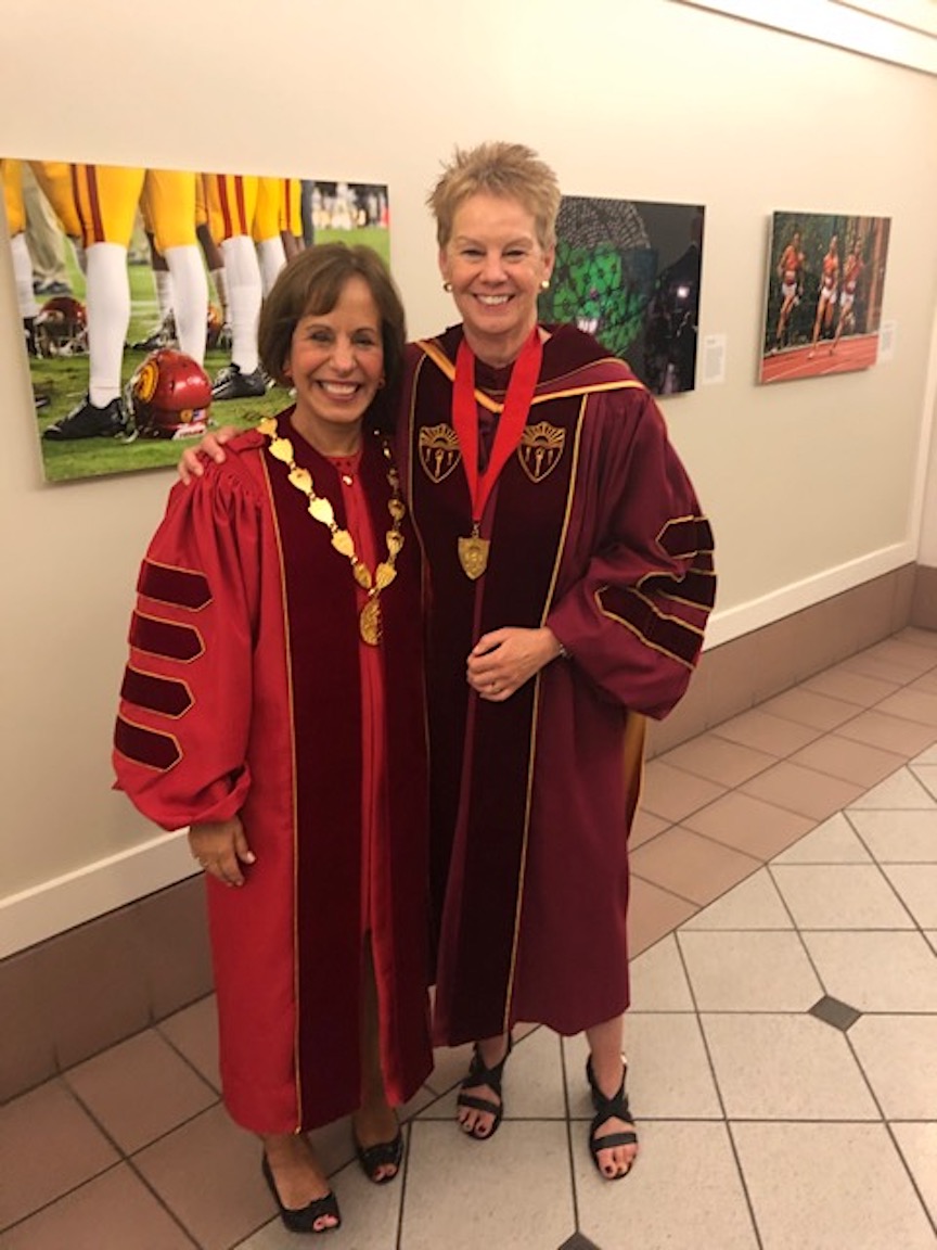 Amy Ross and Dr. Carol L. Fol on the day of Dr. Folt’s inauguration as the 12th President of USC, September 2019, Los Angeles, CA. Amy shares, “As a University Trustee, our highest honor is selecting a President. I have served as a USC Trustee since 2015.” 