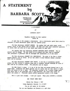 A statement by Barbara Scott, “The Republican Candidate for the 96 District”,  in DISTAFF, a feminist newspaper she began in 1972. She shares, “it ran for over 15 years, the longest run of any woman paper.”