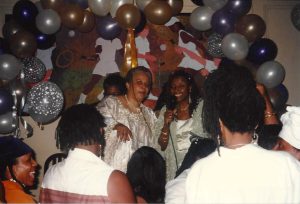 Harriet Alston, Cassandra Grant, the Salsa Soul Sisters, and family friends at Cassandra’s 50th birthday celebration, New York, NY, July 1997. Photo courtesy of Cassandra Grant.