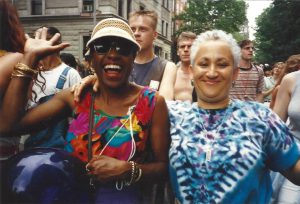 Cassandra Grant and her wife Sharon Lucas at the Gay Pride March, New York, NY, June 1999. Photo courtesy of Cassandra Grant.