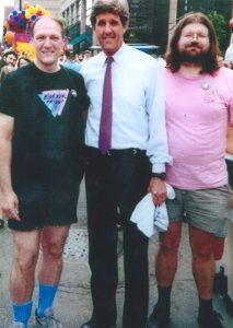 L-R: Cliff Arnesen, Sen. John Kerry, and Alan Hamilton, President of the Boston Bisexual Men’s Network, at the Boston Pride Parade, circa 1994.