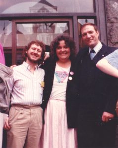 Bisexual advocates Woody Glenn, President of the Bisexual Resource Center in Boston; Lani Ka’ahumanu; and Cliff at Harvard University, June 1989.
