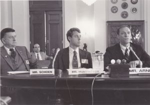 Chuck Schoen, Ken Huntington aka Ron Rasmussen, and Cliff Arnesen during the Congressional Testimonies By Gay & Bisexual Veterans before the U.S. House Committee on Veterans Affairs, Subcommittee on Oversight and Investigations in Washington D.C. on May 16, 1990. Photo credit: Doug Hinckle, Washington Blade Newspaper.