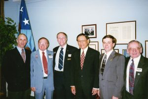 L-R: Terry Tobias (Gay Veteran, Veterans Advisor Council), Mel Tips (Gay Veteran, GLBVA Treasurer), Cliff Arnesen (Bisexual Veteran, New England GLBVA President), Frederick Pang (U.S. Assistant Secretary of Defense for Force Management Policy), Edward Clayton (Gay Marine Corps Corporal, GLBVA VP of Public Affairs), and James Darby (Gay WWII Veteran, GLBVA National President) attend an historic meeting at the Pentagon with members of the Gay, Lesbian, and Bisexual Veterans of America (GLBVA) and the U.S. Assistant Secretary of Defense to discuss and make positive recommendations regarding the U.S. Military’s “Don’t Ask, Don’t Tell” policy, May 5, 1997.