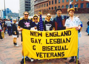 L-R: Cliff Arnesen, Lowell Choate, Joseph Harper, and supporters at the Boston Pride Parade in 1990.