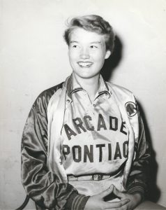 Grethe Cammermeyer in softball uniform, 1957.