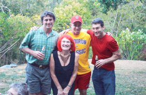 Corky Wick, sporting a red wig, with sons Terry, Dave, and Larry in 2006, California.